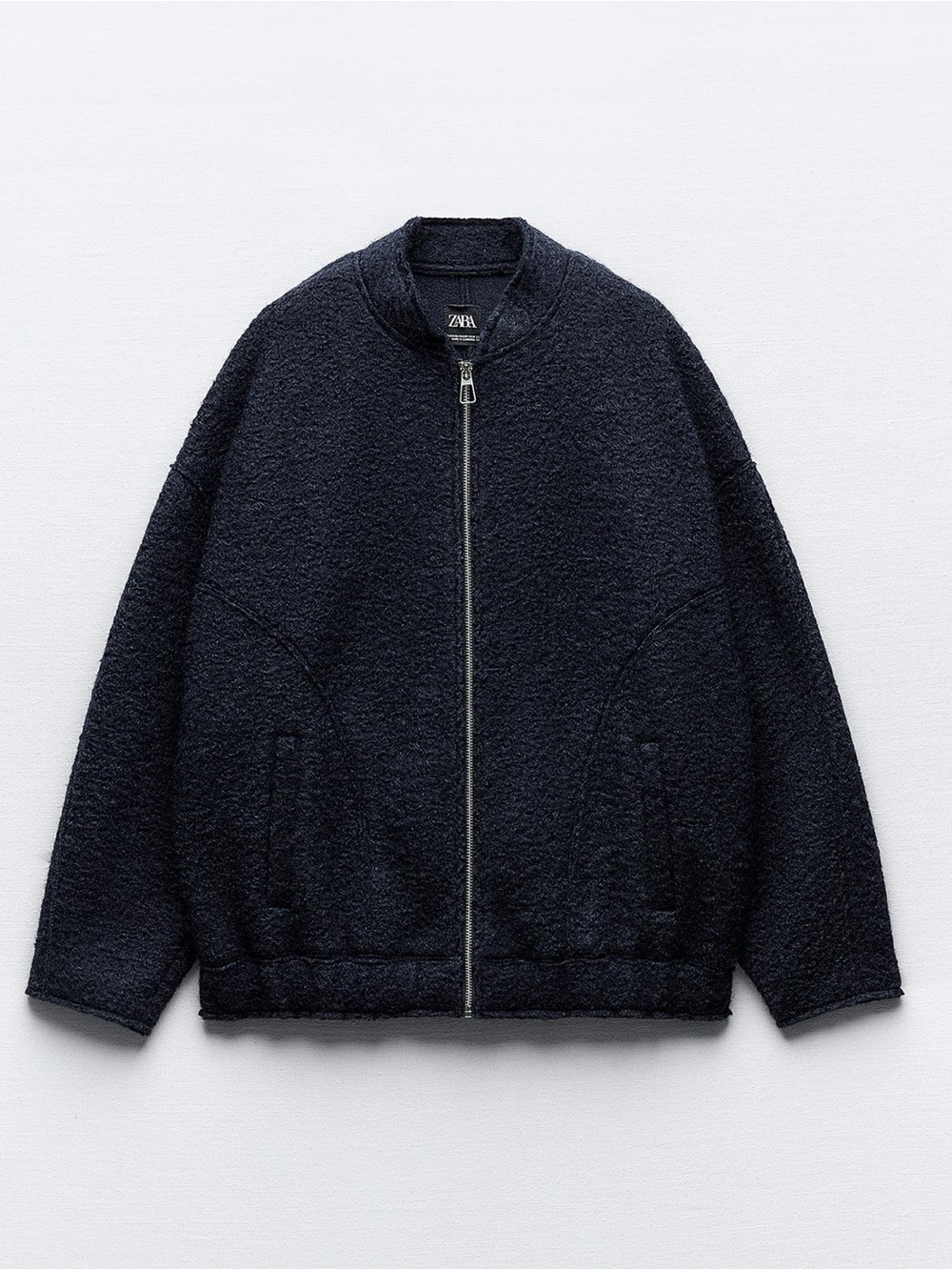 NWT ZARA Womens Oversized Boucle Bomber Jacket Dark Navy Blue Size M/L
